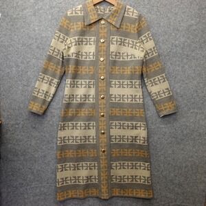 Vintage Knit Shift Dress Womens L‎ 14 Gray Tan Geometric Art Deco MOD 60s Midi